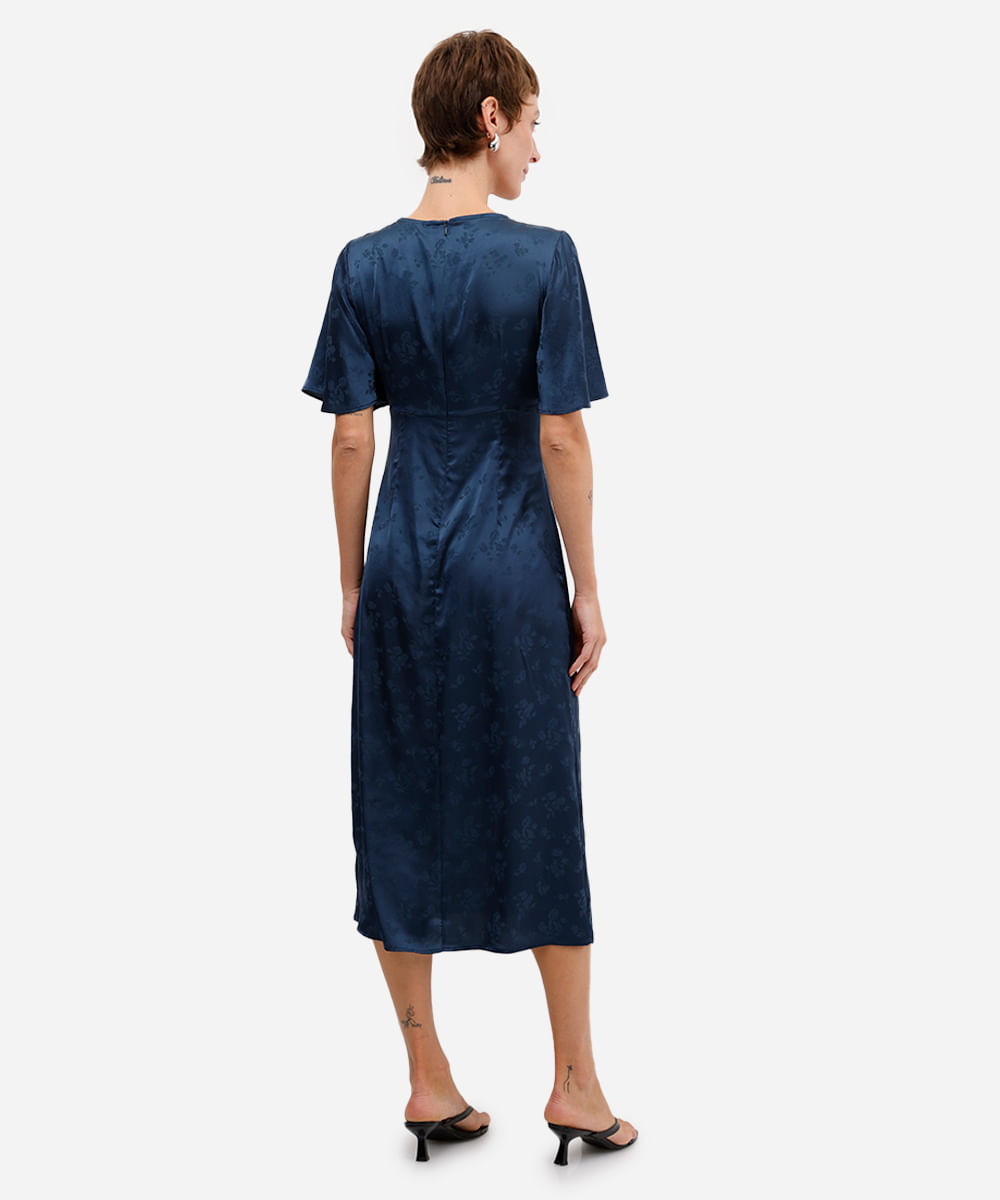 vestido midi feminino de jacquard acetinado floral azul
