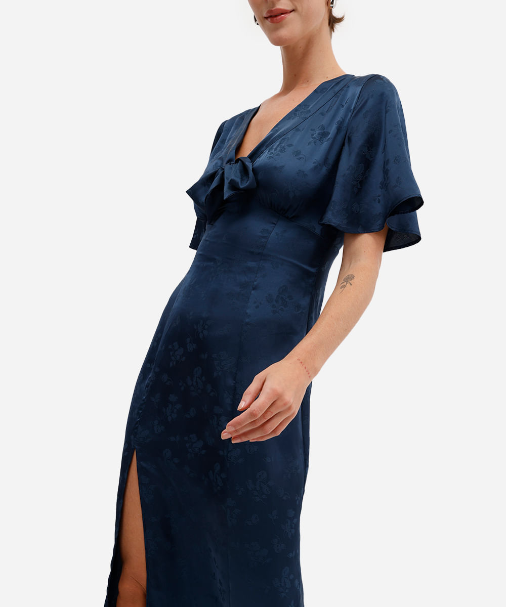 vestido midi feminino de jacquard acetinado floral azul