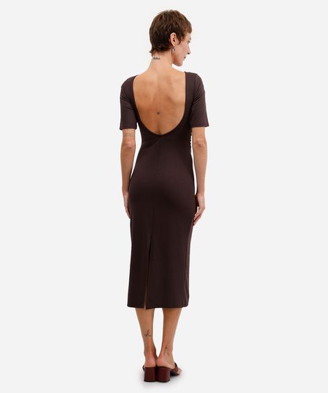 vestido midi feminino franzido com fenda marrom