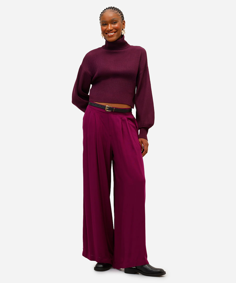 suéter de tricot cropped gola alta roxo