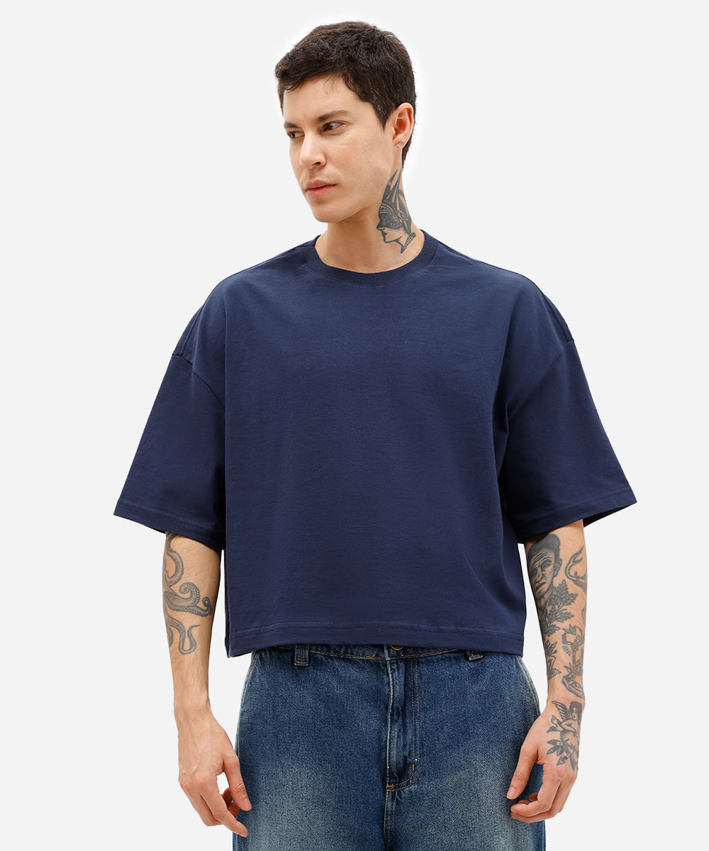camiseta masculina cropped de algodão azul