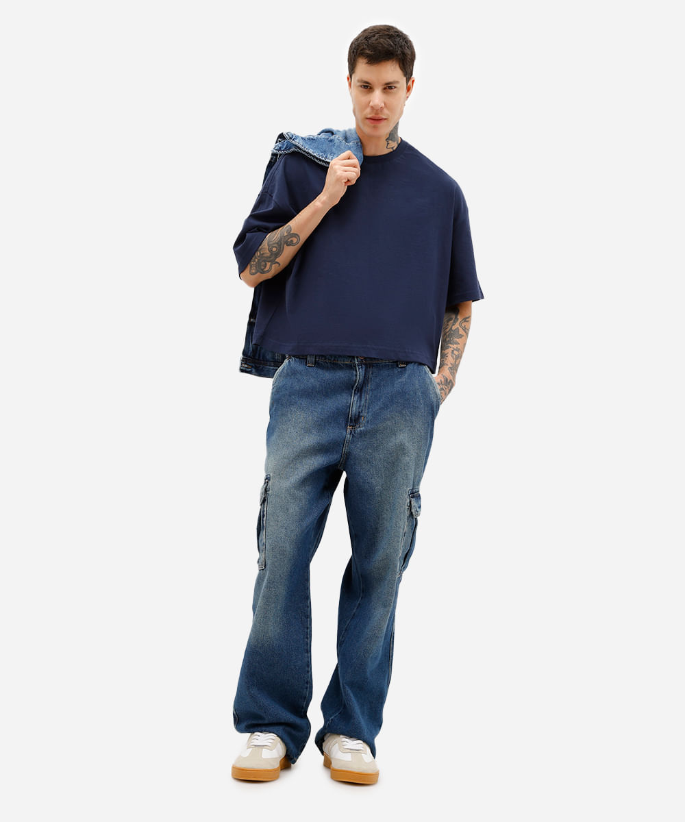 camiseta masculina cropped de algodão azul