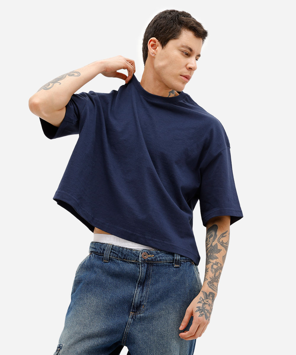 camiseta masculina cropped de algodão azul