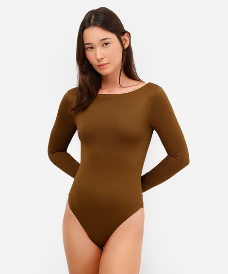 body feminino de poliamida manga longa marrom