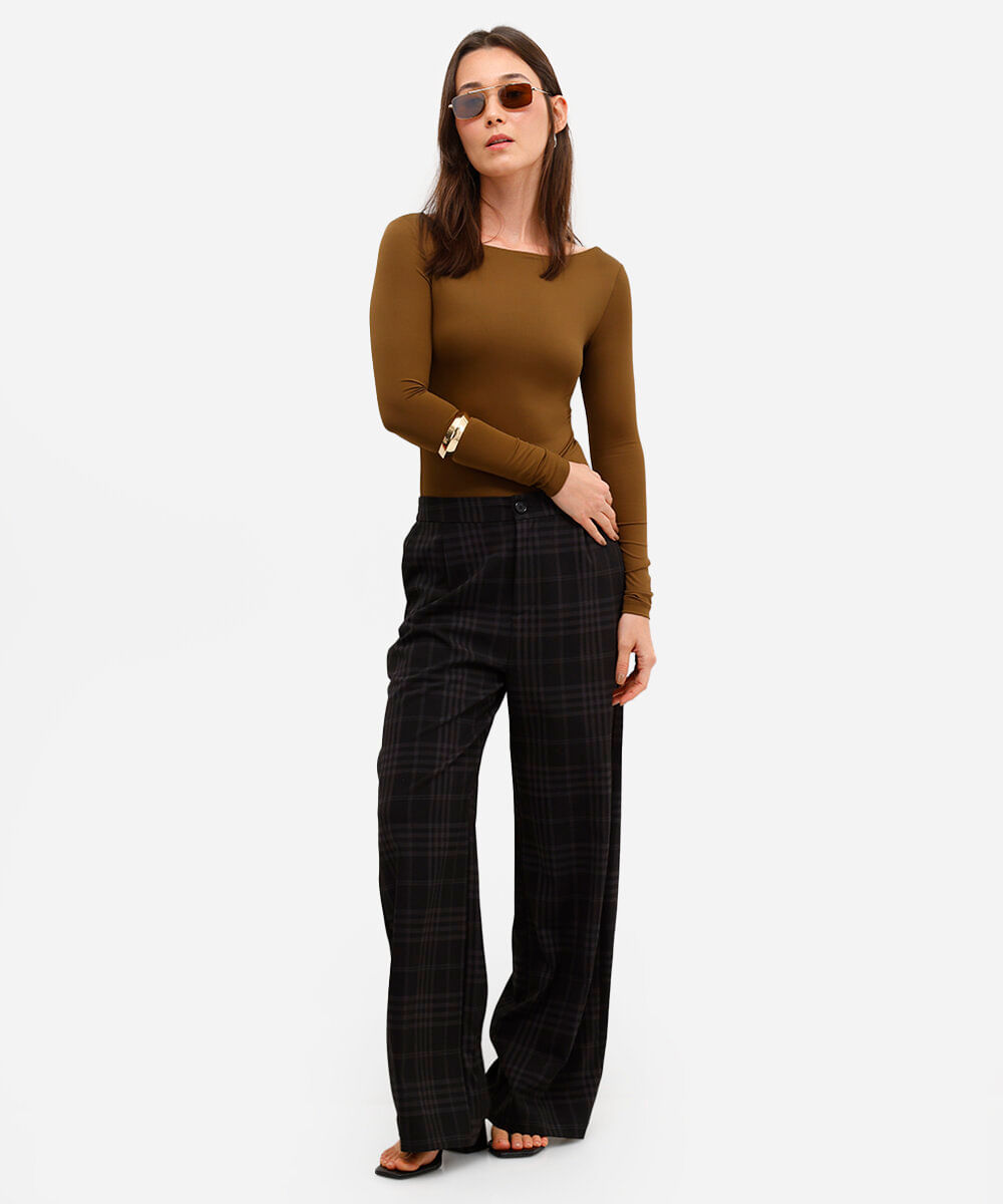 body feminino de poliamida manga longa marrom