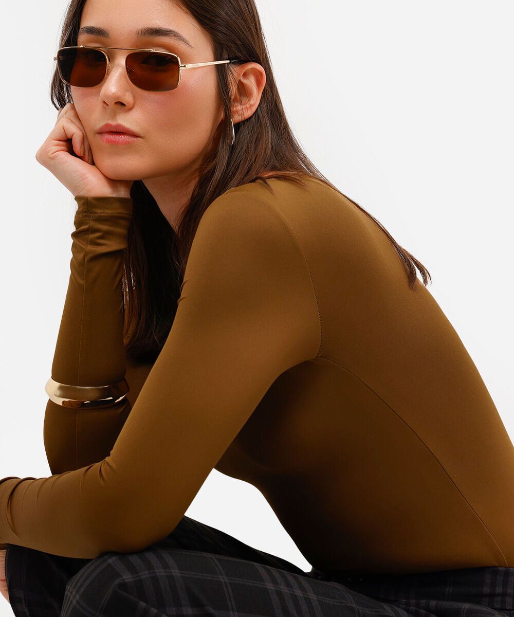 body feminino de poliamida manga longa marrom