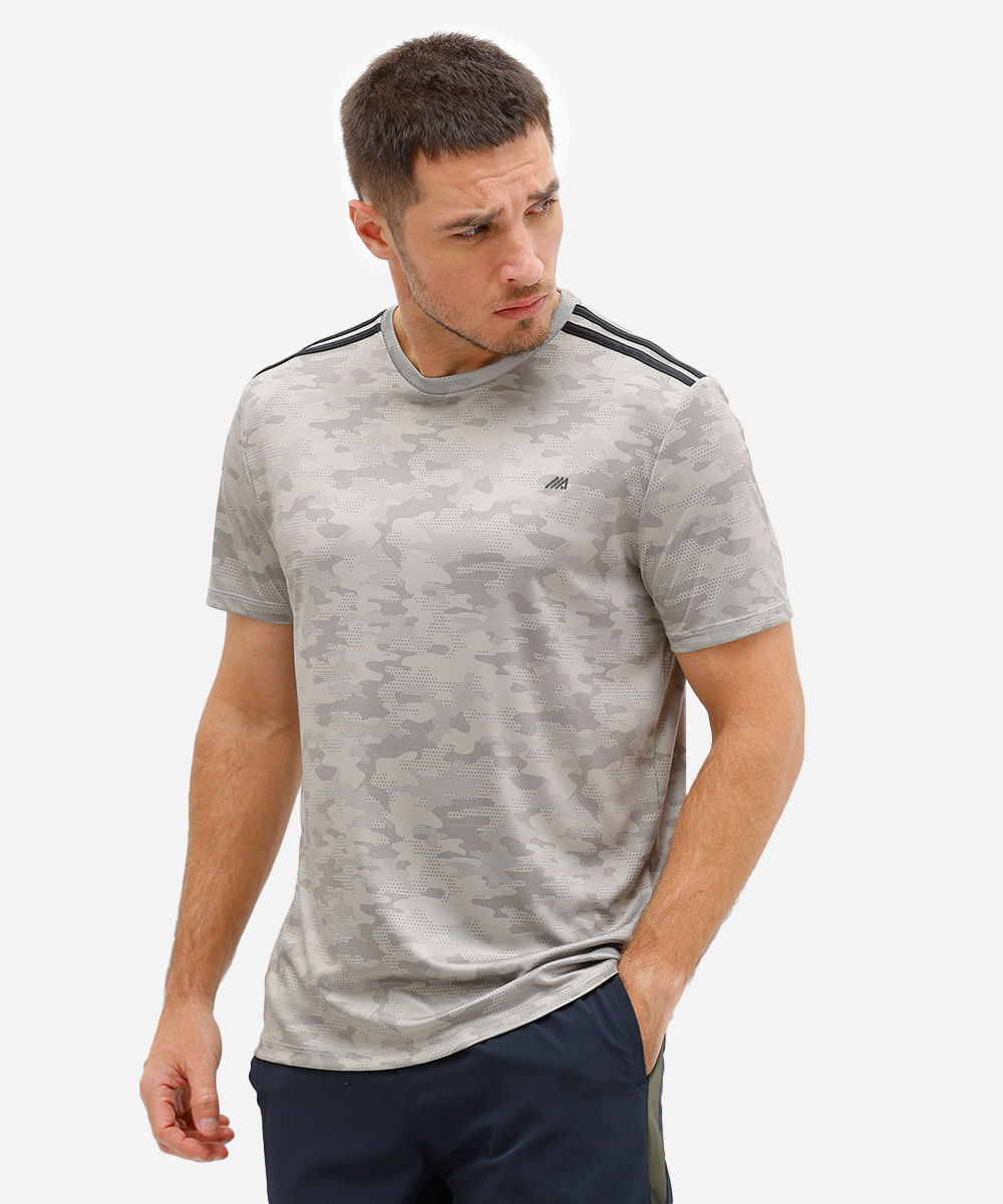 camiseta esportiva masculina com listras estampada - bege