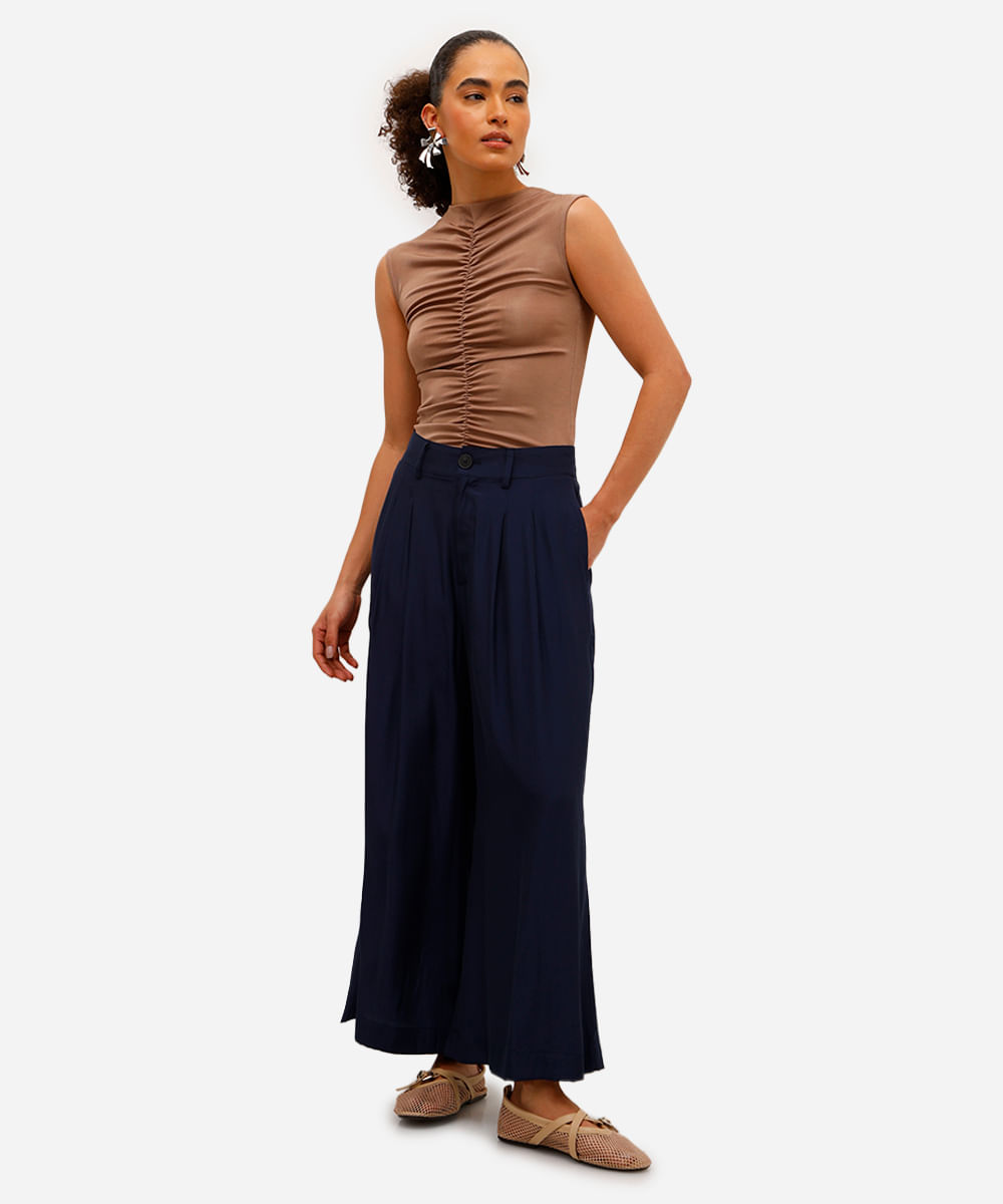 calça wide leg feminina de alfaiataria azul
