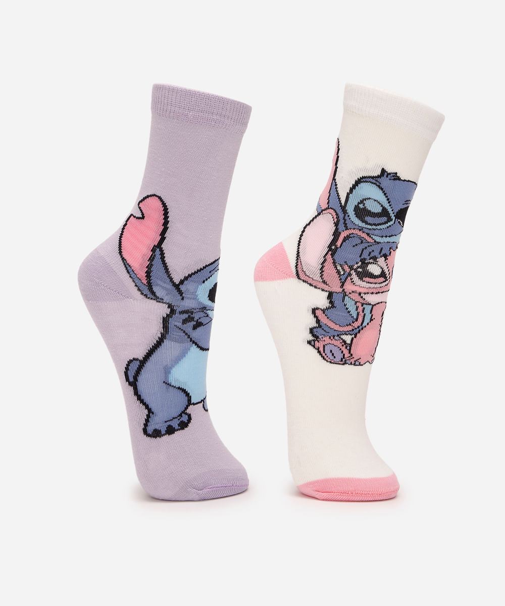 kit de 2 meias infantis cano alto stitch colorido