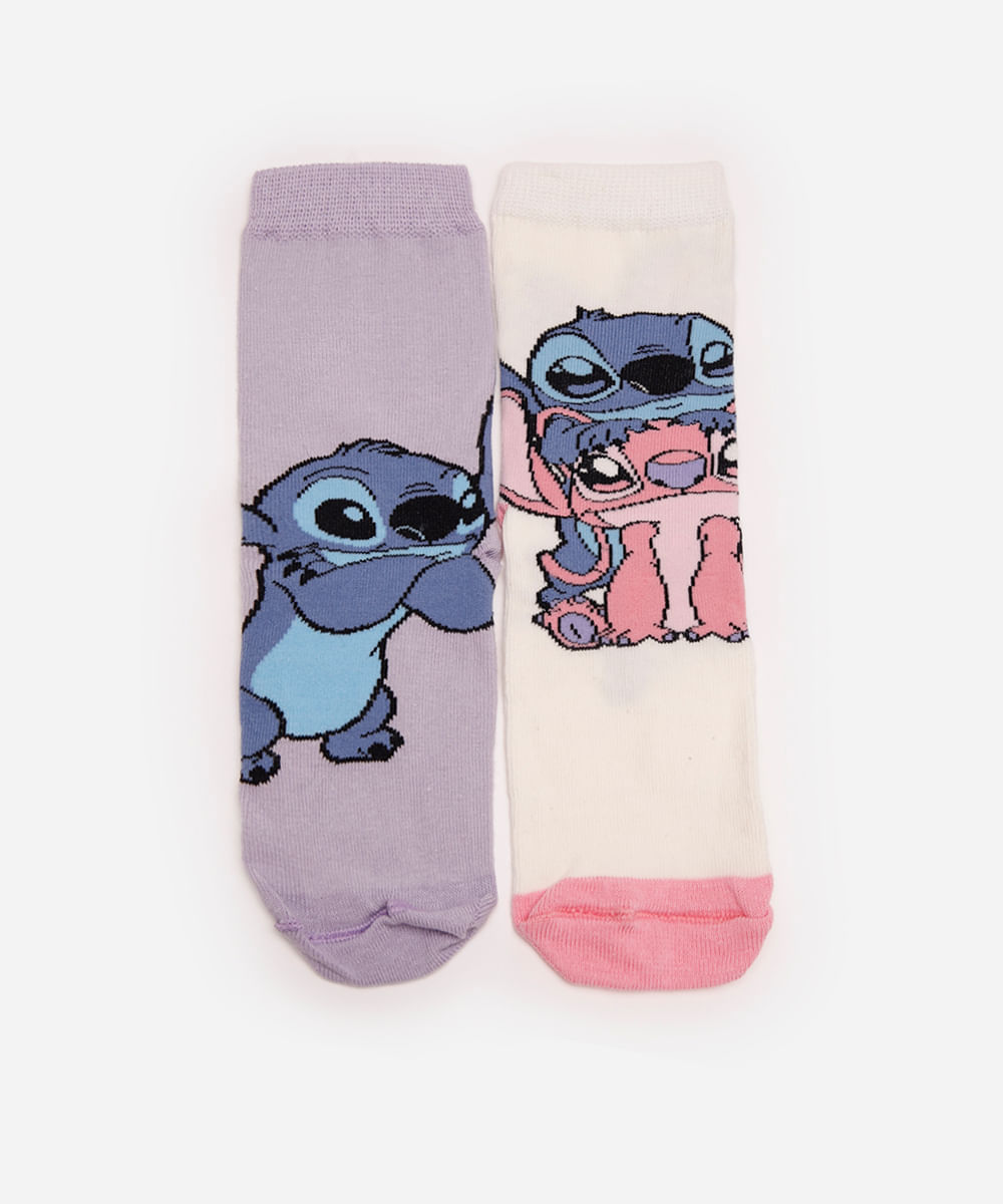 kit de 2 meias infantis cano alto stitch colorido