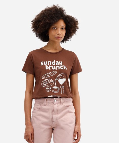 camiseta feminina de algodão sunday brunch marrom