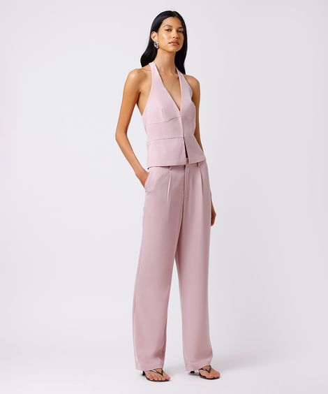 calça reta feminina de alfaiataria com pregas mindset rosa