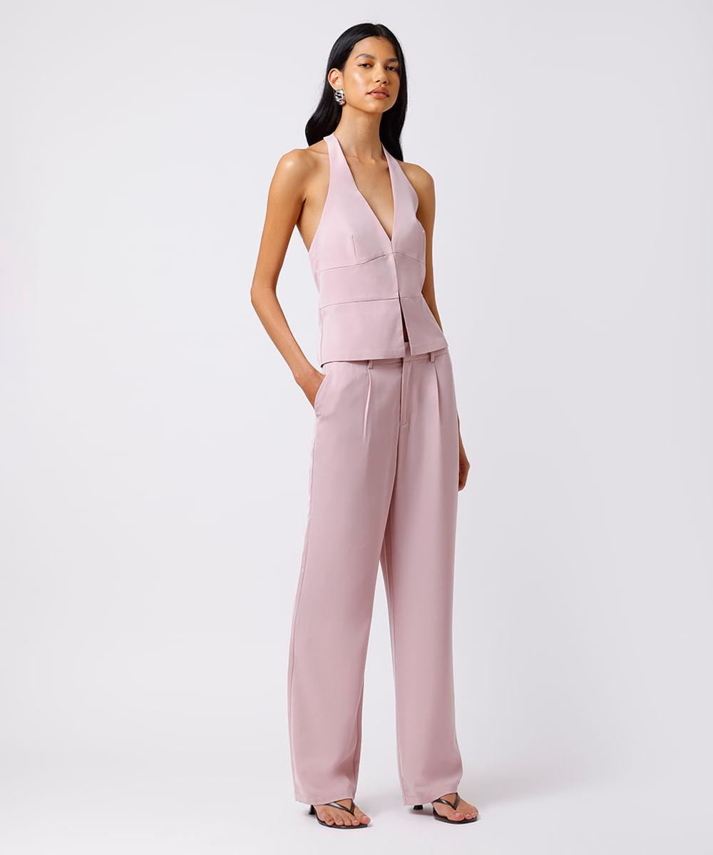 calça reta feminina de alfaiataria com pregas mindset rosa