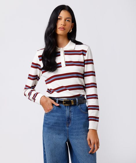 polo feminina de tricot manga longa listrada mindset off white