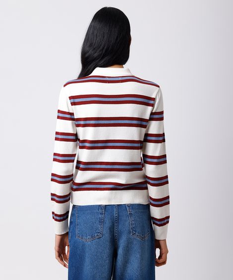 polo feminina de tricot manga longa listrada mindset off white
