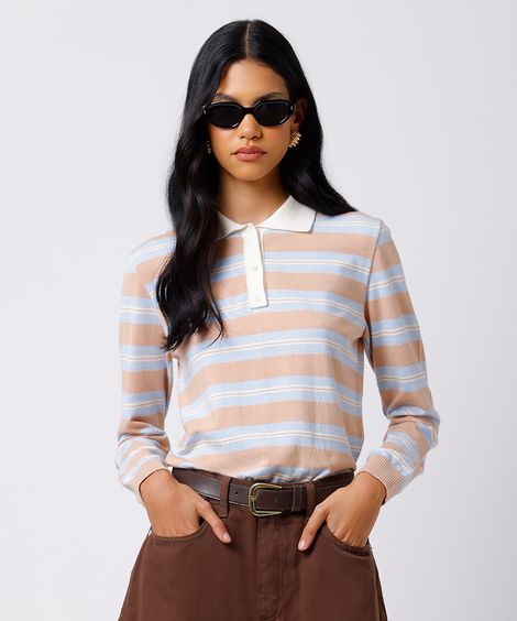 polo feminina de tricot manga longa listrada mindset bege
