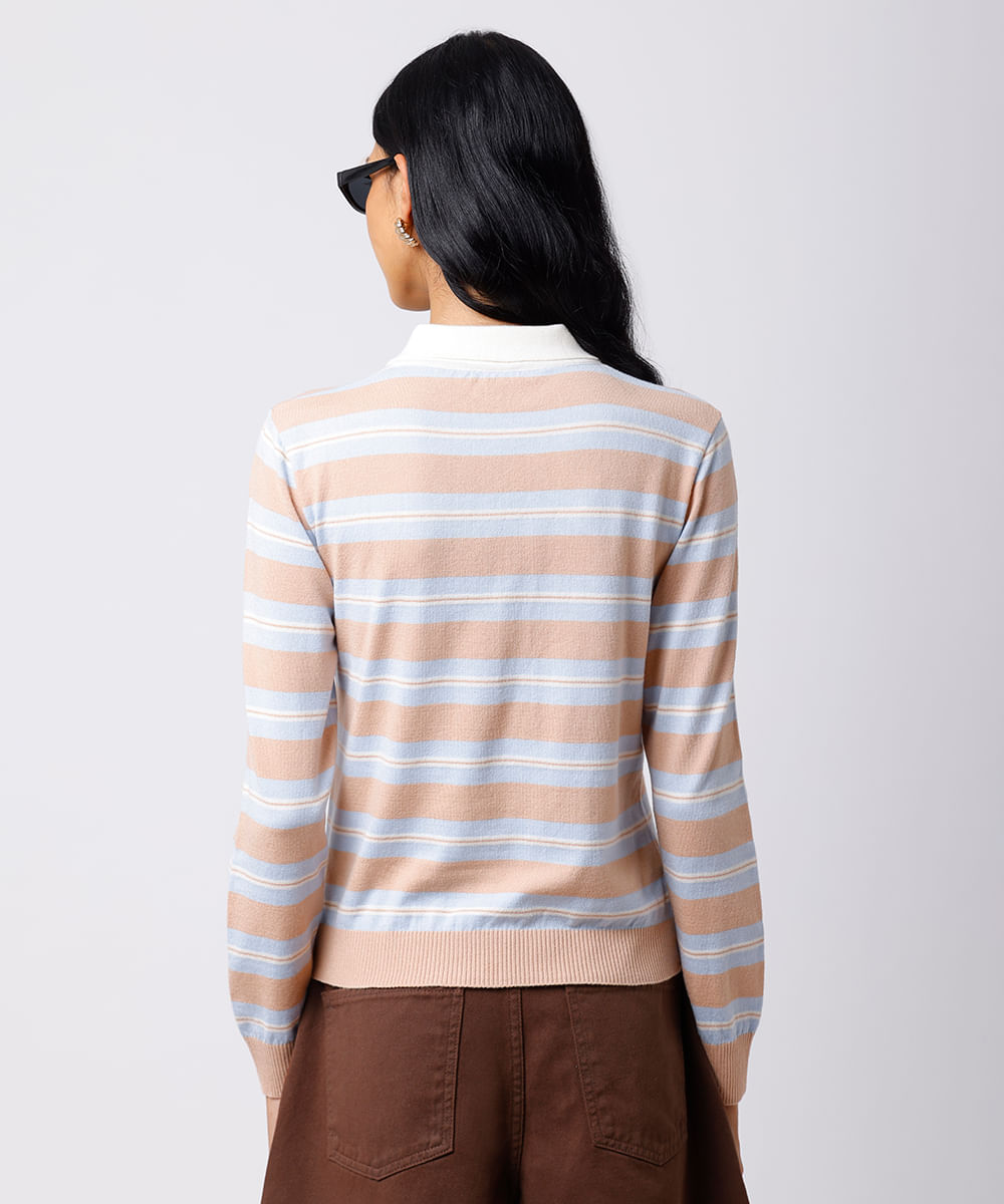polo feminina de tricot manga longa listrada mindset bege