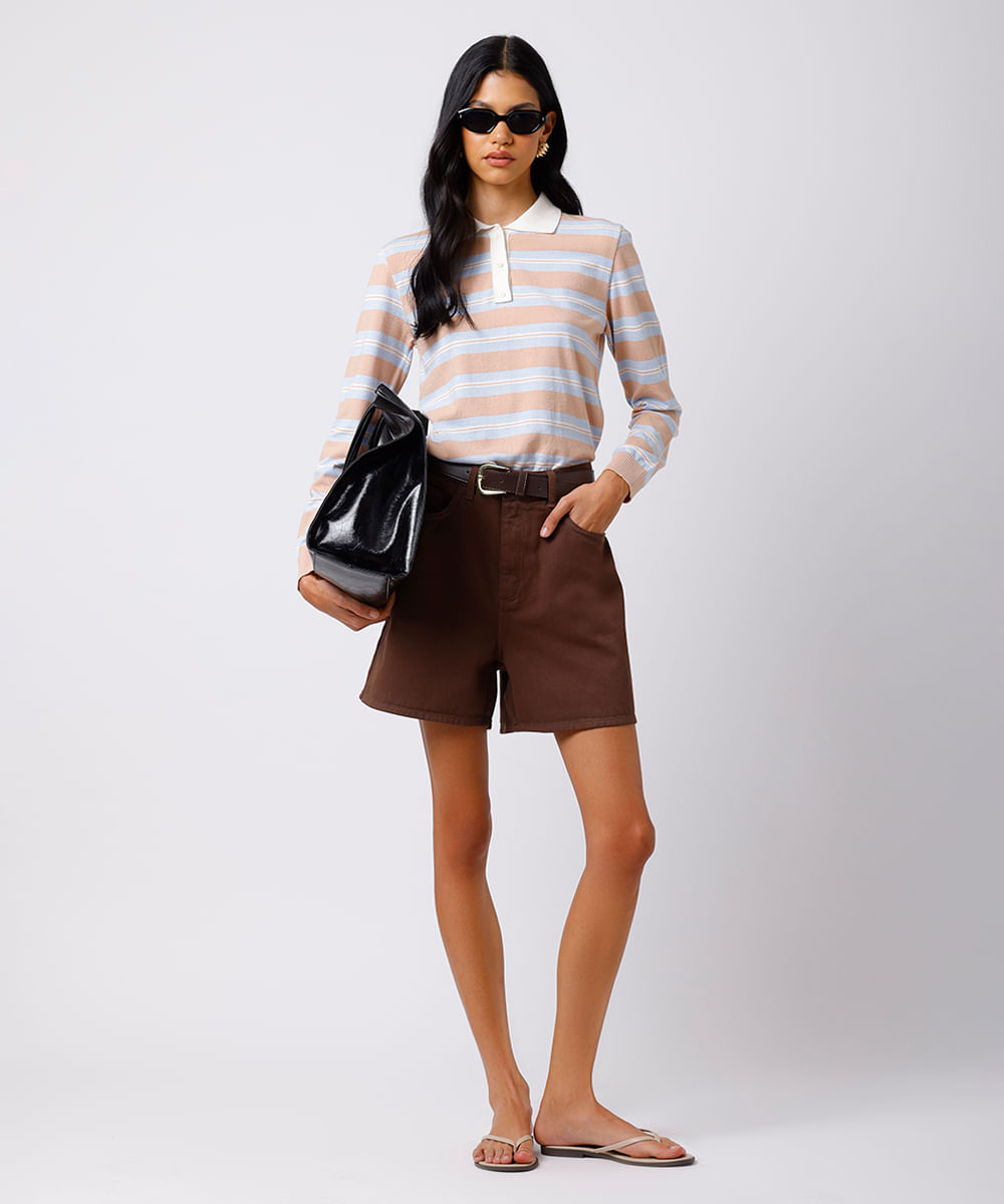 polo feminina de tricot manga longa listrada mindset bege