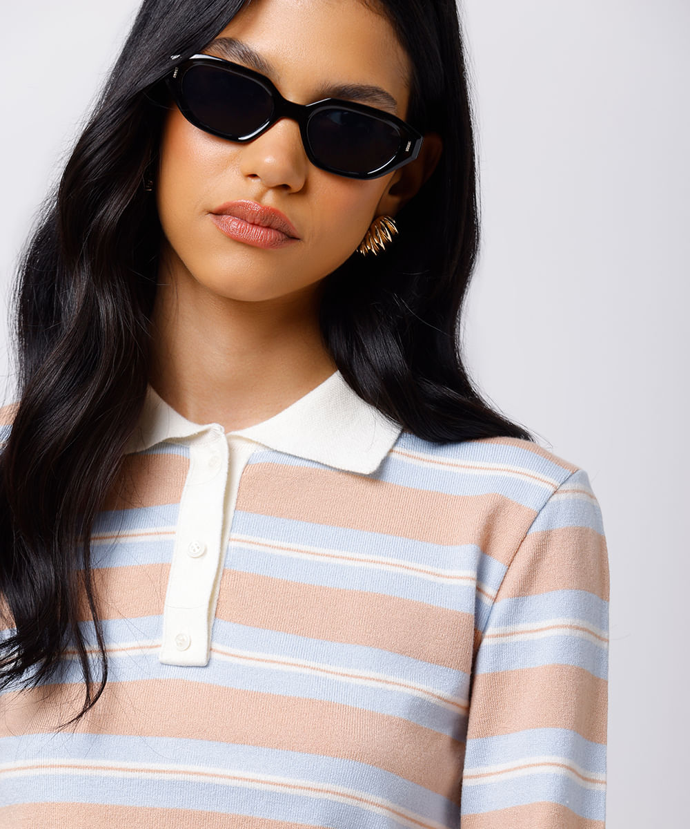 polo feminina de tricot manga longa listrada mindset bege