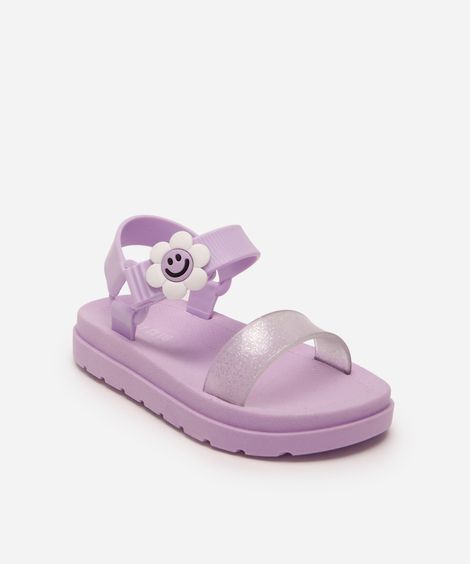 sandália infantil com brilho e margarida lilás