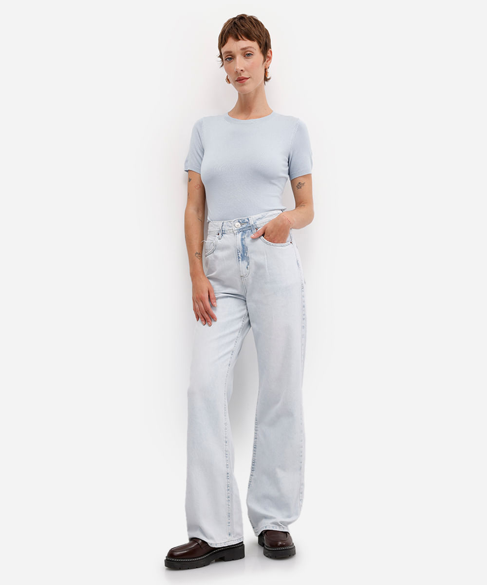 blusa feminina de tricot manga curta azul