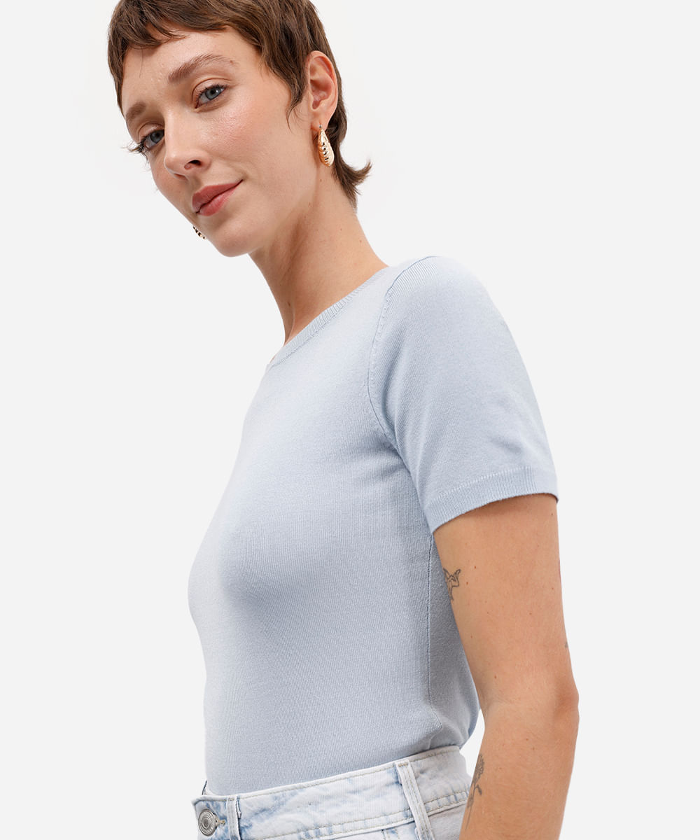 blusa feminina de tricot manga curta azul
