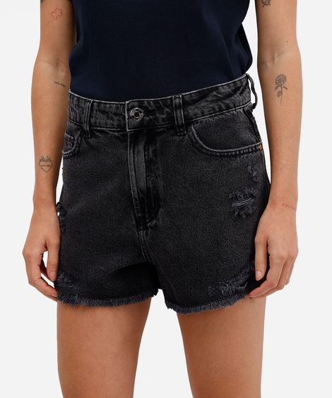 short feminino jeans cintura média destroyed preto