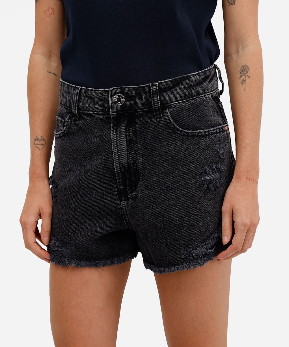 short feminino jeans cintura média destroyed preto