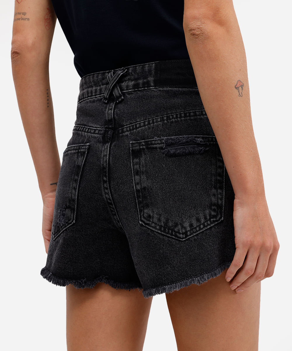 short feminino jeans cintura média destroyed preto