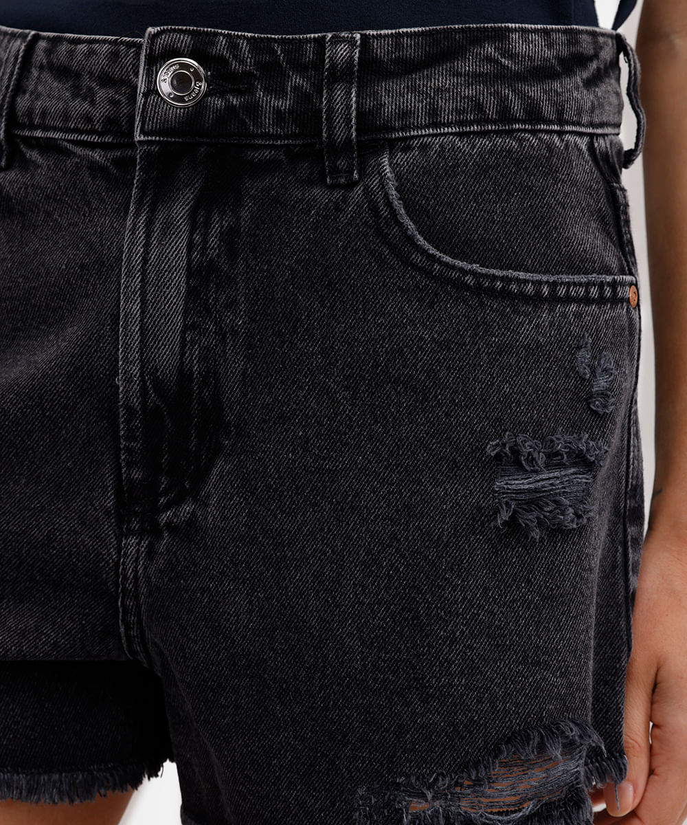 short feminino jeans cintura média destroyed preto