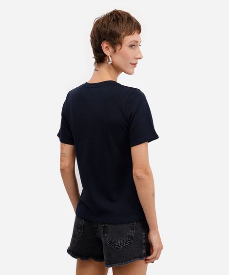 camiseta feminina com algodão bordada times square azul