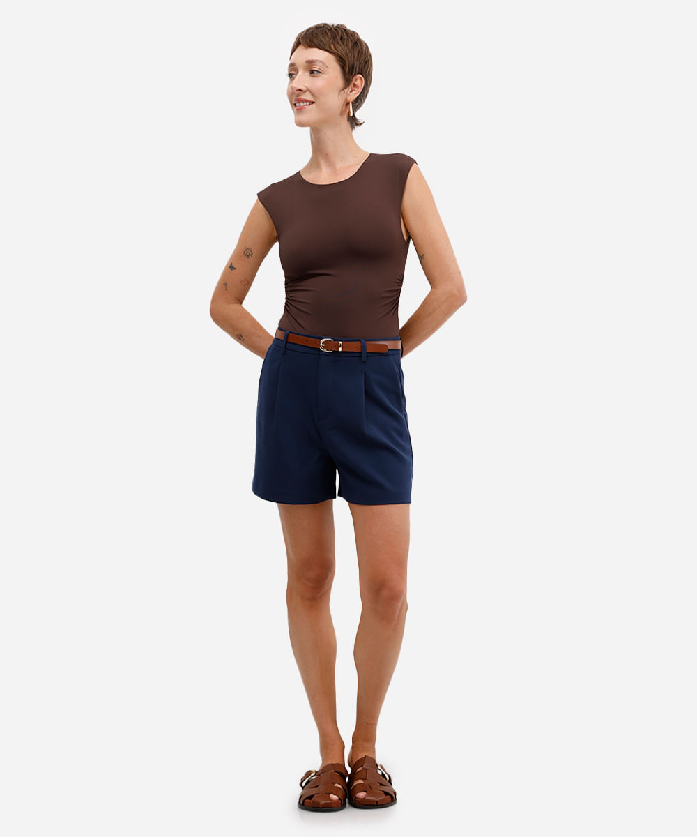 body feminino de poliamida franzido com recorte marrom