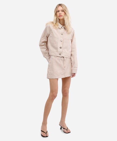 saia curta feminina sarja cintura alta listrada  bege