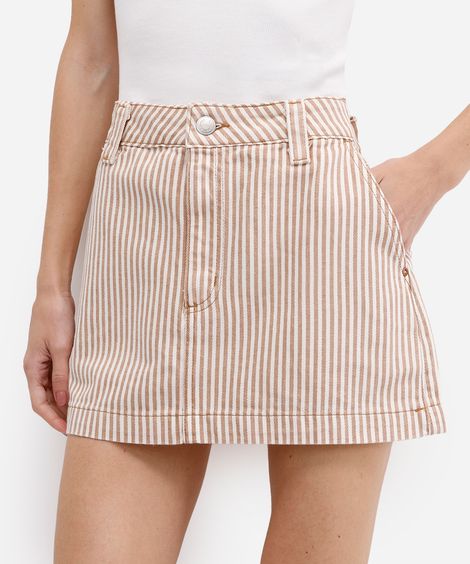 saia curta feminina sarja cintura alta listrada  bege
