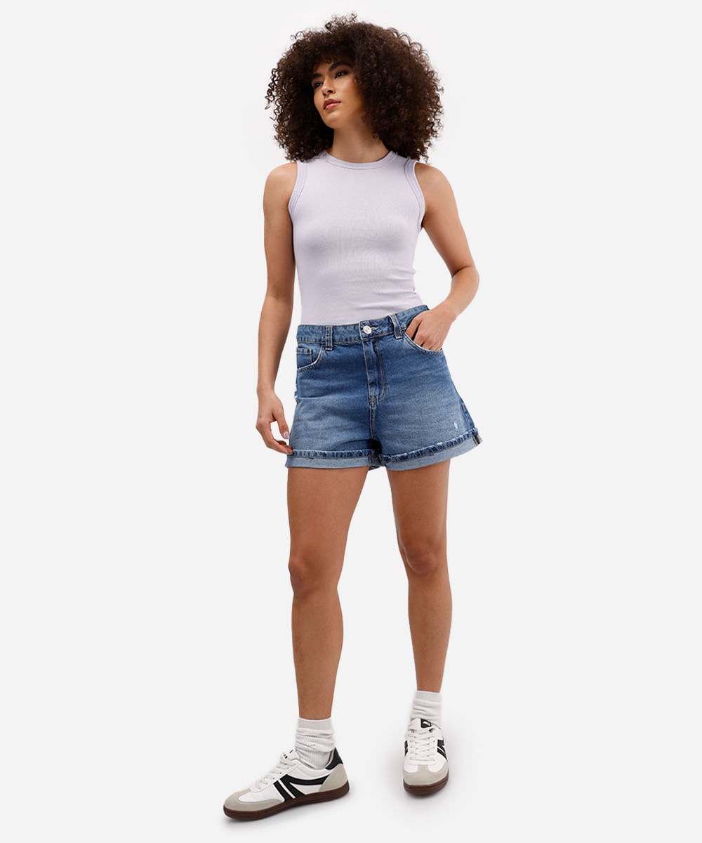 short feminino jeans barra dobrada azul