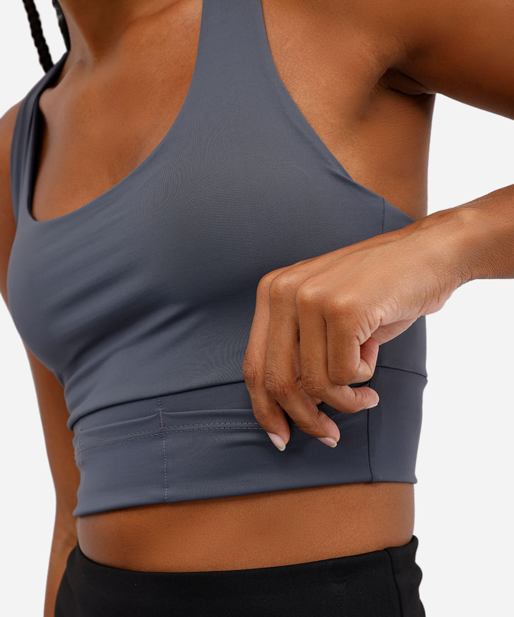 top nadador feminino esportivo com refletivo e bojo removível cinza