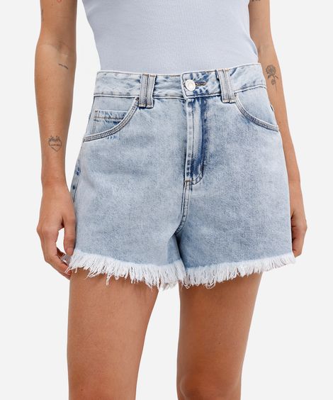 short feminino jeans com barra desfiada azul