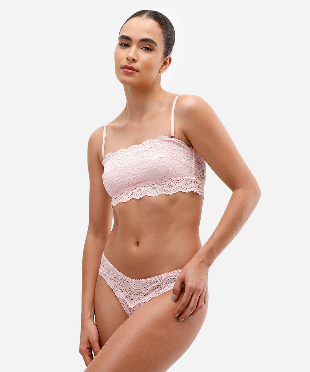 calcinha fio dental de laise floral rosa