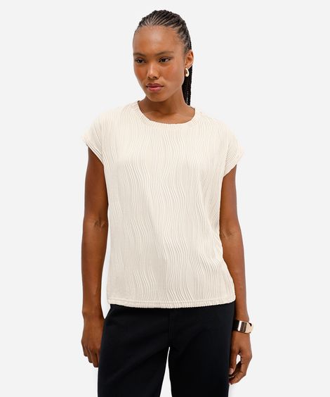 blusa feminina manga curta em malha texturizada bege