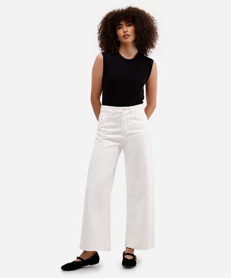 calça wide leg feminina de sarja cropped off white