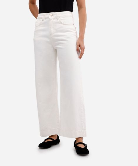 calça wide leg feminina de sarja cropped off white