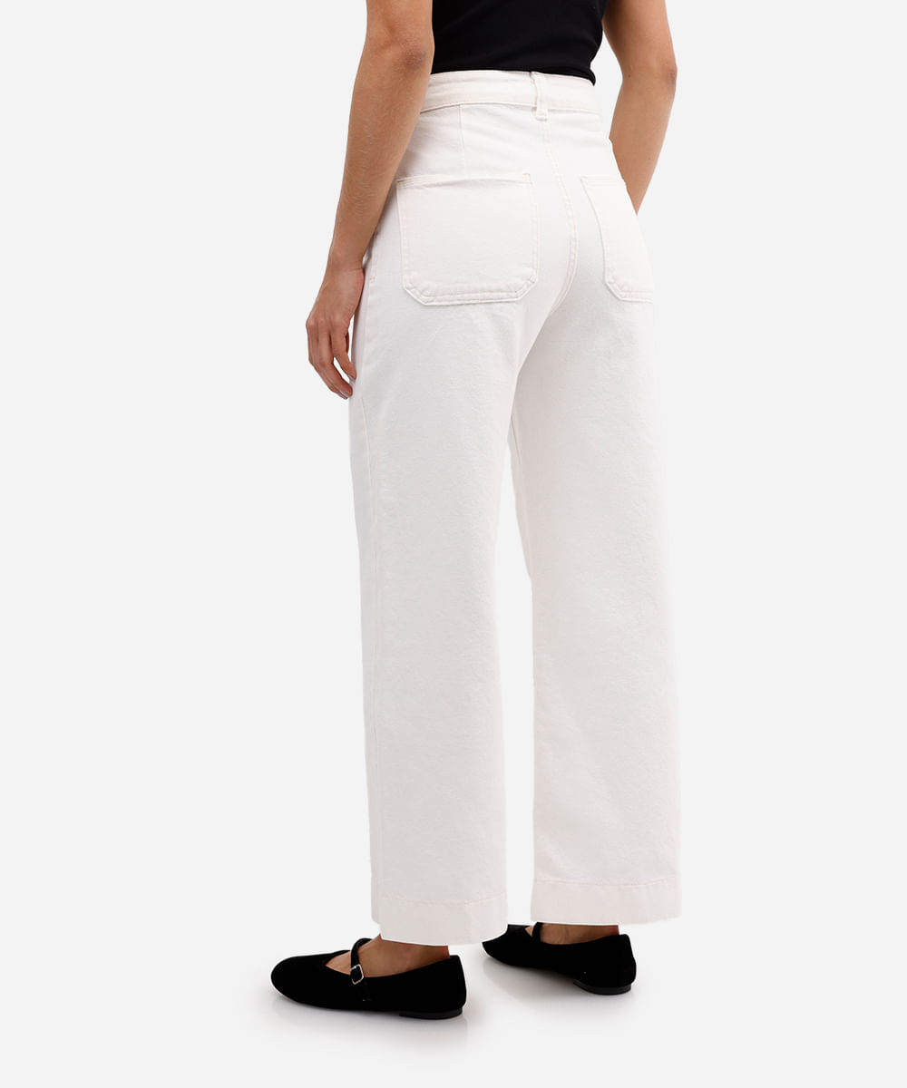 calça wide leg feminina de sarja cropped off white