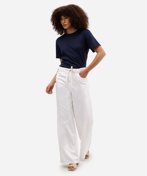 calça wide leg feminina de sarja com cordão off white