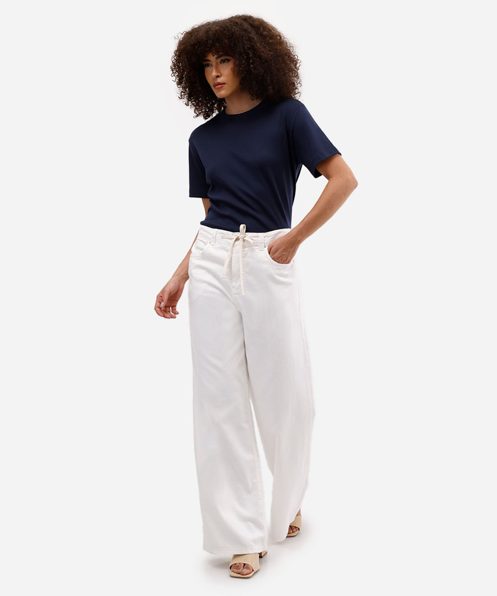 calça wide leg feminina de sarja com cordão off white