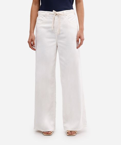 calça wide leg feminina de sarja com cordão off white