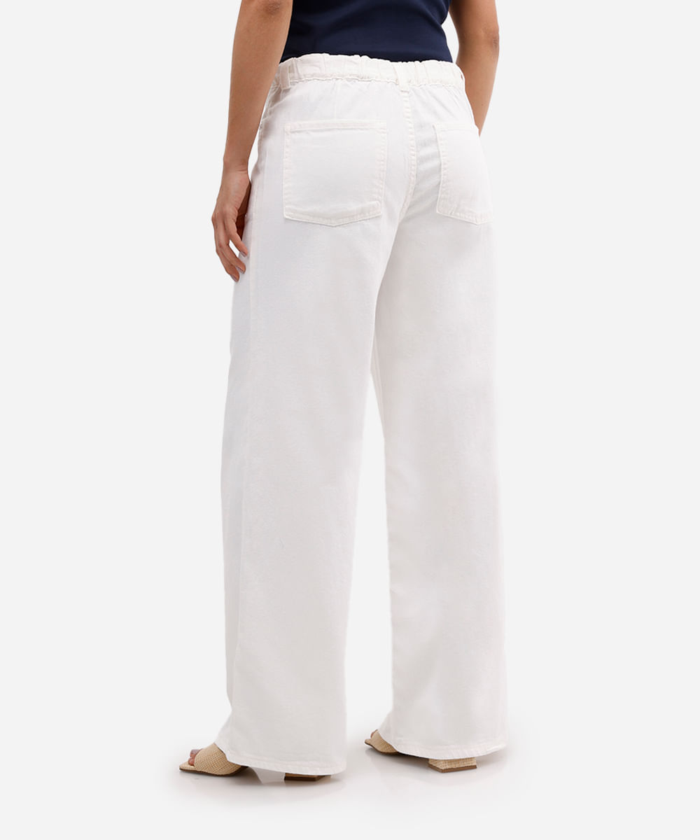 calça wide leg feminina de sarja com cordão off white