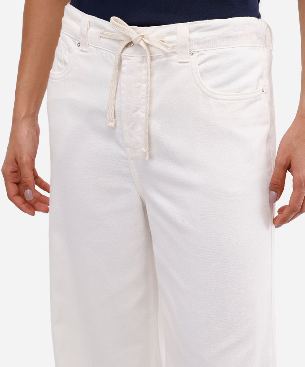 calça wide leg feminina de sarja com cordão off white