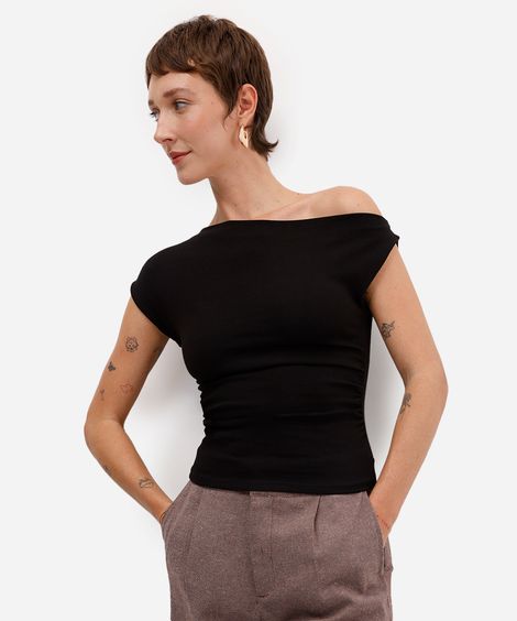 blusa feminina de algodão franzida preta
