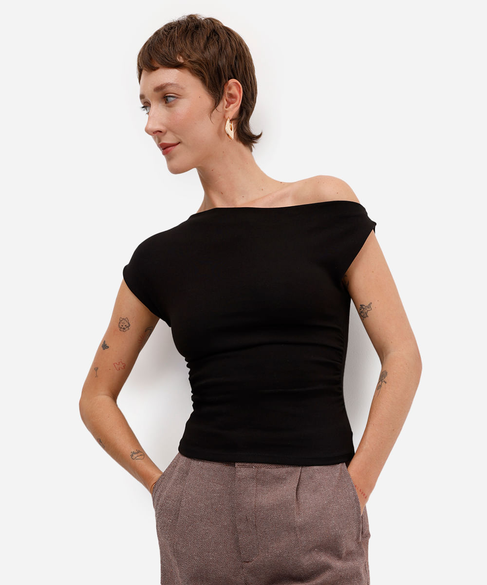 blusa feminina de algodão franzida preta