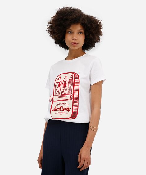 camiseta feminina de algodão sardinhas texturizada off white